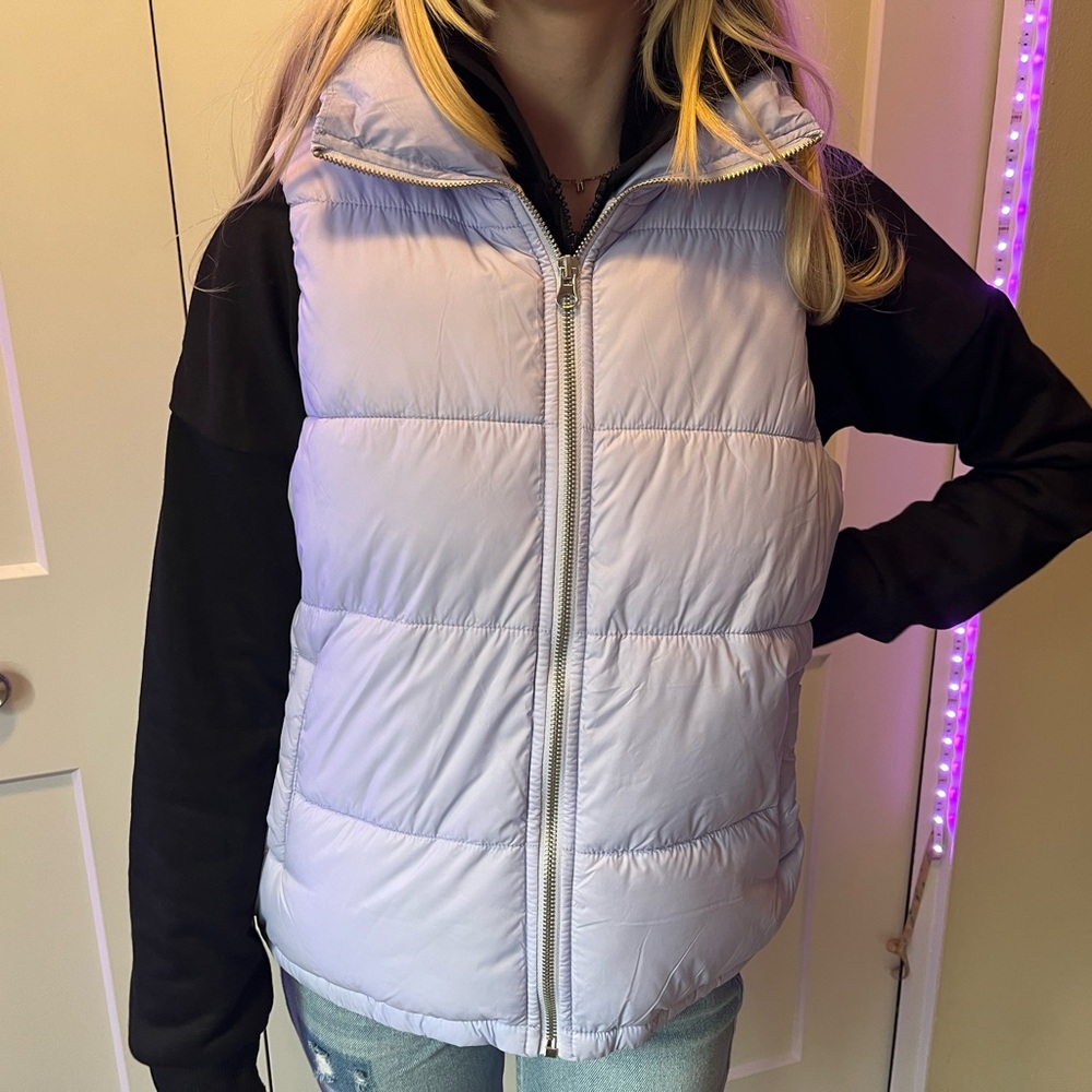 Lavender puffer vest.